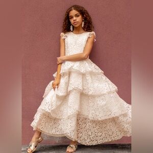 Joyfolie Azalea Lace Tiered Full Length Dress in Cream NWT